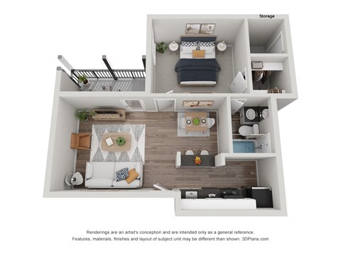 a stylized floor plan of a 1 bedroom apartment